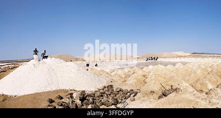 Arbeiter sammeln und verarbeiten Salz in der Danakil-Senke, Afar, Äthiopien, zwischen ausladenden weißen Salzhalden unter einem klaren blauen Himmel. Stockfoto