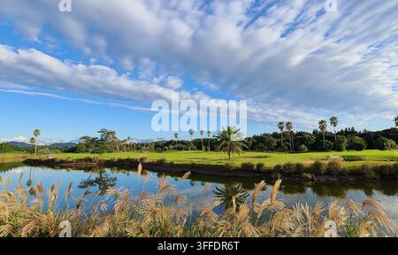 Pittoresker Golfplatz-Teich mit dramatischen Wolken und Spiegelungen. Stockfoto