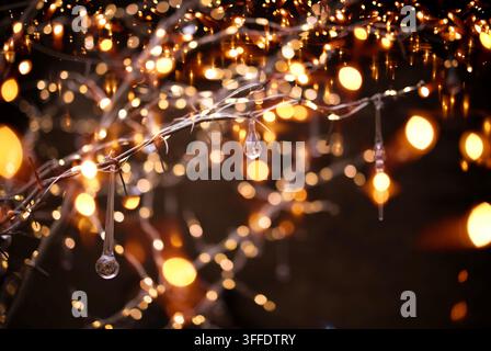 Dekorative Lichterketten beleuchten Äste mit einem Bokeh-Effekt und schaffen eine warme Atmosphäre in einer Außeneinrichtung am Abend Stockfoto