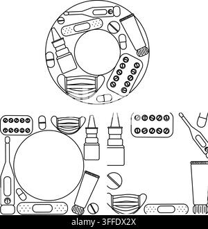 Apothekenrahmen-Vorlagensatz für Zuhause, kreisrunde handgezeichnete Illustration. Vektorgrafik-Linienkunst. Perfekt für Logo, Branding, Verpackung, Labor Stock Vektor
