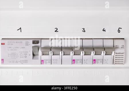 Wohnungsstromverteilungs盤 mit Leistungsschaltern, Sicherheitsschalter und nummerierten Stromkreisen Stockfoto