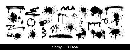Satz von schwarzen Sprühfarbflecken, Linien, tintenartigen Spritzern. Streifen, Flecken, Tintentropfen in Graffiti-Grunge-Textur. Pinselstriche, Flecken mit Spritzern und Tropfen. Vektordesign-Elemente im Street-Art-Stil Stock Vektor