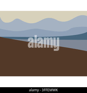 Minimalistische Flachdesign-Landschaftsillustration mit geschichteten blauen Bergen unter einem beigen Himmel und einem braunen Vordergrundabhang. Stock Vektor