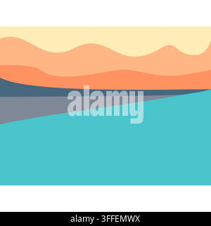 Abstrakte minimalistische Landschaftsvektor mit geschichteten Hügeln, ruhigem Meer und einem farbenfrohen Sonnenuntergangshimmel im flachen Grafikstil. Stock Vektor