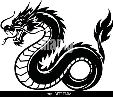 Eine detaillierte Schwarz-Weiß-Illustration eines traditionellen chinesischen Drachens, der sich in einer kreisförmigen Form windet Stock Vektor