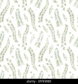 Vertikale Maidenhair-Farnzweige in Aquarelltechnik mit zarten grünen Blättern nahtloses Muster auf isoliertem Hintergrund. Botanisches Tapetendesign Stockfoto