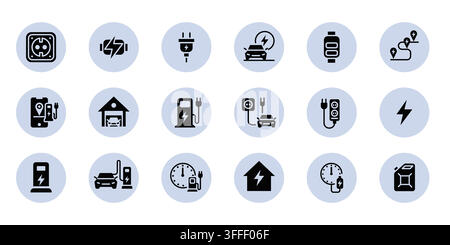 Symbole für E-Auto-Ladestationen auf weißem Hintergrund. Vektor-Rundillustration von Energie-Symbolen für Elektroautos, Steckdosen-Symbolen für mobile Navigations-App, Design für Energieversorgungskarten Stock Vektor