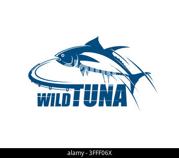 Thunfisch- und Angelsport-Symbol mit kraftvollem Fisch und gebogener Rute. Marineblauer Thunfisch an der Leine für Fischrestaurants, kommerzielle Fischereien oder Merch Stock Vektor