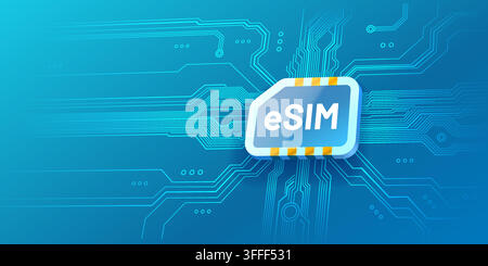 eSIM-Chip-Konzept auf digitalem blauem Hintergrund, das eingebettete SIM und moderne mobile Kommunikationstechnologie darstellt. Vektorillustration. Stock Vektor
