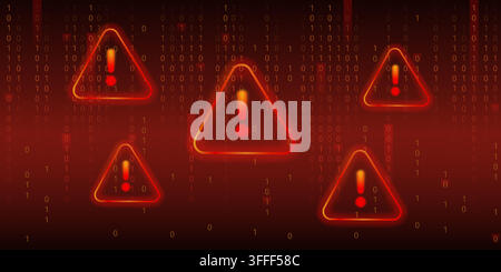 Cyber-Sicherheitsalarm-Banner mit roten Warnschildern auf Binärcode-Hintergrund. Vektorrealistische Illustration einer digitalen Bedrohungserkennungs-Schnittstelle für Datenschutz- und Betrugspräventionssysteme Stock Vektor