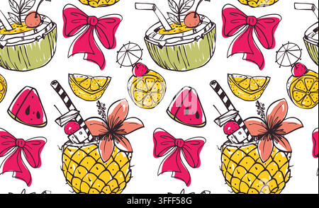 Farbenfrohes nahtloses tropisches Cocktailmuster mit Kokosgetränken, Ananasschalen, Wassermelone, Zitrusfrüchschnitten, Blumen und rosa Schleifen. Verspielter handgezeichneter Doodle-Stil mit Strandstimmung. Stock Vektor