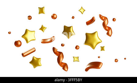 Festliche 3D-Sammlung aus glänzenden Goldsternen, bronzenen Kugeln, Bändern und Konfettielementen. Abstrakte Formen isoliert auf weißem Hintergrund für Feierdesign. Realistische Vektorillustration. Stock Vektor