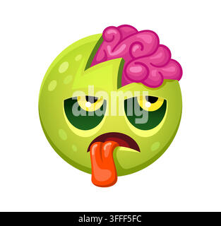 Cartoon-Halloween-Zombie-Emoji-Charakter-Symbol. Vektor-gruseliges Emoticon von grünem verfallendem Leichen-Gesicht mit rosa Gehirn im Kopf und herausragender Z Stock Vektor