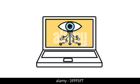Laptop-Computer mit KI-Schaltkreisaugenscanner-Symbol auf dem Bildschirm Vektor-Icon. Schwarze Linienkunst mit Farboffset-Füllstil auf weißem Hintergrund. Stock Vektor