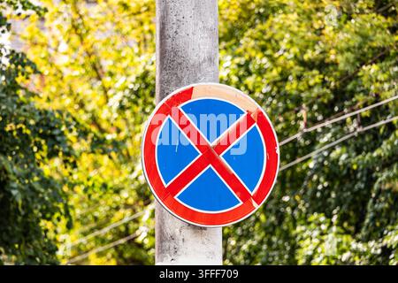 Ein klares rundes Verkehrszeichen in Rot und Blau mit der Aufschrift „Kein Halten und kein Stehen“ montiert auf einem Betonpfahl vor üppiger Vegetation. Das Bild veranschaulicht die Verkehrssicherheit Stockfoto