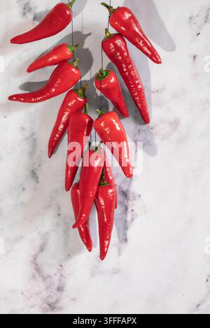 Rote Chilischoten hängen auf hellem Marmor mit harten Schatten Stockfoto