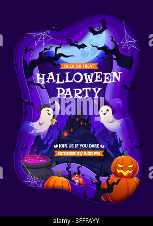 Halloween-Party-Flyer aus Papier mit gruseligem Feiertagslandschaftsmotiv, verlassener Burg und fliegenden Geistern. Oktober-Saison, Halloween-Party-Vektor-Flyer mit Dr Stock Vektor
