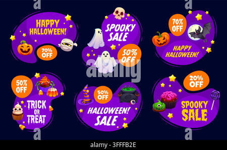 Halloween-Rabatt-Etiketten, Rabattabzeichen und Feiertags-Angebots-Tags. Halloween-Feiertags-Preisnachlass-Vektor-Tag, Herbstsaison-Schnäppchen-Label. Herbst-Rabattabzeichen wi Stock Vektor