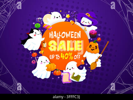 Halloween-Rabatt-Banner mit Spinnennetz-Rand und orangefarbenem Mittelkreis, mit niedlichen Kawaii-Geistern. Vektor-Charaktere mit Kürbis, Buch, Besen, Kerze Stock Vektor