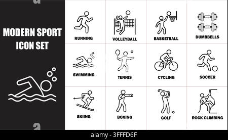 Sammlung moderner Sportaktivitäts-Icons mit verschiedenen athletischen Disziplinen, isoliert auf transparentem Hintergrund Stock Vektor