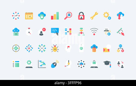Codierungs- und Programmier-Symbole für Softwareentwicklung, Cloud-Computing, Debugging, Automatisierung, Analytik, Sicherheit und digitale Ingenieurarbeit Workflows flache Icons Set Vektorillustration Stock Vektor
