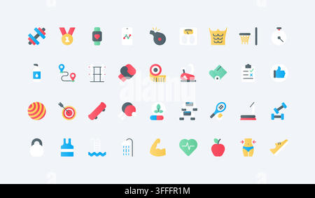Bunte Fitness- und Trainingssymbole mit Gym-Training, Cardio, Krafttraining, Wellness-Tracking und gesunden Lebensstil-Aktivitäten, flache Icons-Set-Vektorgrafik Stock Vektor