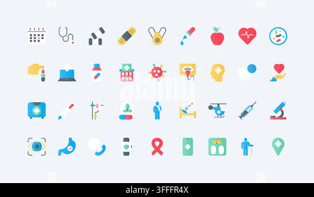 Symbole für Gesundheitswesen und medizinische Versorgung, die Diagnose, Behandlung, Krankenhausdienstleistungen, Wellness-Überwachung und Patientenunterstützung für klinische Kommunikation abdecken, flache Icons-Set-Vektorillustration Stock Vektor