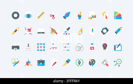 Grafikdesign-Tools und kreative Workflow-Symbole für Zeichnen, Bearbeiten, Farbauswahl, Layout, Drucken und visuelle Kommunikationsprojekte Flachsymbol-Set Vektorillustration Stock Vektor