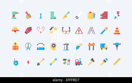 Labor-Day-Themen-Symbole für Bau und Industriearbeit mit Werkzeugen, Sicherheitsausrüstung und Baugeräten für die Feier der Belegschaft und Handelsdesign-Flachsymbol-Set-Vektorillustration Stock Vektor
