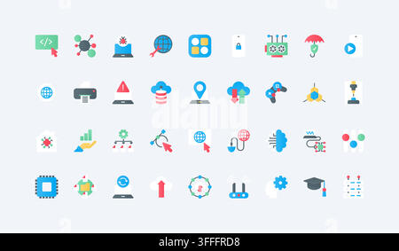 Informationstechnologie-Symbole für Codierung, Cloud-Systeme, Cybersicherheit, Networking, Datenspeicherung und digitale Kommunikation über vernetzte Plattformen flache Icons-Set Vektorillustration Stock Vektor