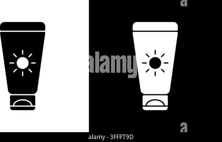 Sonnenschutztube mit Sonnen-Symbol. Sonnenschutz, Hautpflege und UV-Defense Silhouetten-Symbol-Kollektion. Sommer-Essentials. Isolierte Vektorillustration Stock Vektor