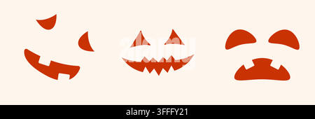 Halloween-Kürbisgesichter Solide Symbol-Sammlung. Gruselige Jack-O-Lantern-Ausdrücke Silhouetten-Symbolsammlung. Festliche Dekoration und Feiertagsthema. Isoliert Stock Vektor