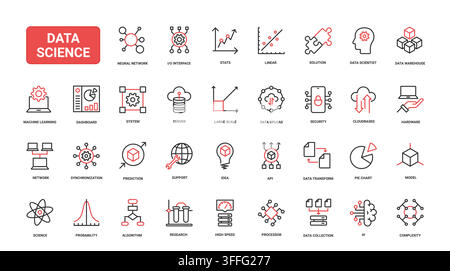 Datenwissenschaft-Symbole für Analytik, maschinelles Lernen, neuronale Netze, Dashboards, Cloud-Systeme und Forschungsabläufe in digitaler Technologie rote schwarze Linien-Ikonen-Set-Vektorgrafik Stock Vektor
