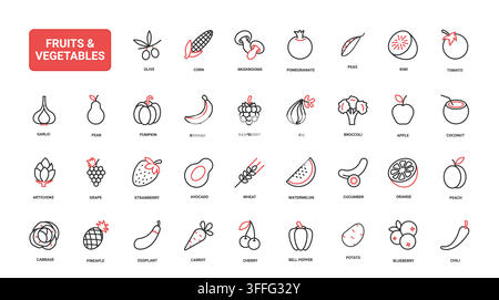 Gesunde Obst- und Gemüsesymbole mit frischen Produkten für Ernährung, Lebensmittel, Landwirtschaft und Bio-Themen rote schwarze Linien-Ikonen-Set-Vektorillustration Stock Vektor