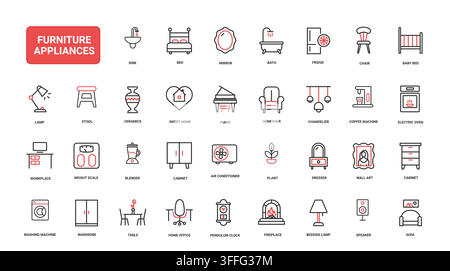 Symbole für Haushaltsmöbel und Haushaltsgeräte für Innenräume, mit Sitzgelegenheiten, Beleuchtung, Küche, Schlafzimmer und Dekorationselementen, rote schwarze Linienikonen, Satz Vektorillustration Stock Vektor