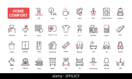 Symbole für häuslichen Komfort und alltägliches domestisches Leben, die Möbel, Geräte, Hygiene, Klimakontrolle und gemütliche Heimroutinen abdecken, rote und schwarze Linien-Icons-Set-Vektorillustration Stock Vektor