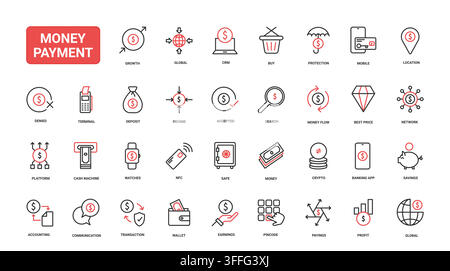 Geldzahlung und digitale Finanzsymbole, die Bankwesen, Sparen, Geldbörse, Terminal, mobile Überweisung, Gewinn und sichere Transaktionen abdecken, rote und schwarze Linienicons-Set-Vektorillustration Stock Vektor