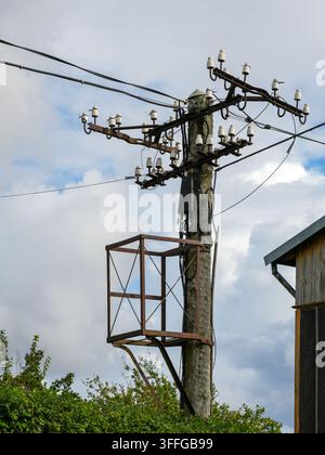 Verwitterter hölzerner Strommast mit Keramikisolatoren, elektrischen Kabeln und rostigen Metallbeschlägen, der ein altes Stromverteilungssystem im Freien zeigt Stockfoto
