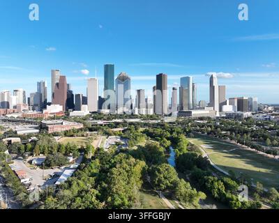 Luftbild der Innenstadt von Houston an einem klaren Tag, Houston, Texas, USA Stockfoto