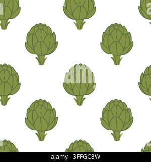 Grünes Artischocken-Wiederholmuster mit botanischen Knospen auf einem sauberen Hintergrund, mediterranes Gartendesign für Textilien, Stoffe, Tapeten, Verpackungen, Geschenkpapier Stock Vektor