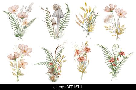 Herbstbouquet-Aquarell-Illustrationsset mit Wildblumen, Gräsern, Farnen und saisonalem Laub, isoliert auf Hintergrund. Botanische Herbst-Clipart Stockfoto