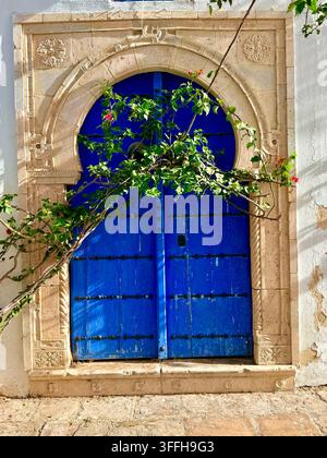 Blaue gewölbte Tür, eingerahmt von dekorativem Mauerwerk im blau-weißen Dorf Sidi Bou Said, Tunesien. Stockfoto
