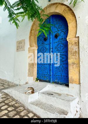 Traditionelle genagelte blaue Tür, eingerahmt in geschnitztem Stein in Sidi Bou Said, dem malerischen Hügeldorf nahe Tunis, Tunesien. Stockfoto