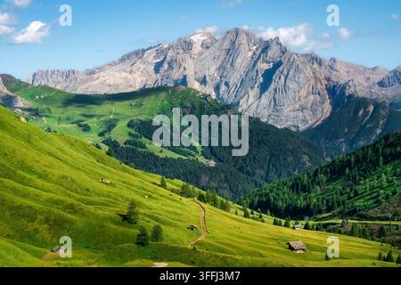 Sommerlandschaft des Marmolada-Gletschers und des Gipfels, gesehen von den Almwiesen des Sellapasses. Trentino Südtirol, Dolomiten, Italien Stockfoto
