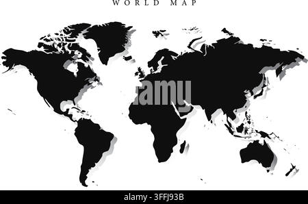 Vektorillustration einer Weltkarte mit schwarzen Kontinent-Silhouetten und Tiefenschatten, isoliert auf weißem Hintergrund für Geografie- und Reisegestaltung. Stock Vektor