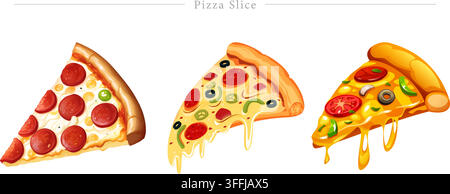 Vektor-Set mit Pizzastücken, darunter eine Peperoni-Scheibe, Supreme-Pizza, geschmolzene Käsescheibe, Olivenbelag, Tomatenscheiben und Fast-Food-Illustrationen. Stock Vektor