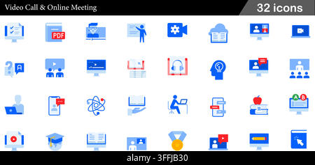 Videoanruf- und Online-Meeting-Vektor-Symbol-Set mit 32 flachen farbenfrohen Symbolen, darunter Webcam, Videokonferenz, E-Learning und Webinar. Stock Vektor