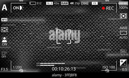 DSLR-spiegellose Kamera Rec-Overlay. Aufnahme-Kamera-Anzeige-Rahmen. Video- oder Fotoaufnahme-Bildschirm. CCTV-Schwarz-Weiß-Glitch-Effekt-Filter. Sucher Stock Vektor