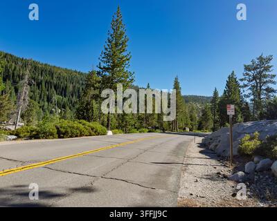 Eine malerische asphaltierte Bergstraße, die sich durch die Wälder der Sierra Nevada schlängelt, mit einem Halteverbotsschild Stockfoto