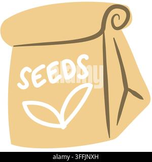 Stilisierter brauner Papiersamentütchen mit "SEEDS"-Text und einer herzförmigen Keimzeichnung. Vektor-Konzept für Frühlingsbepflanzung, Landwirtschaft und Wachstum. Stockfoto